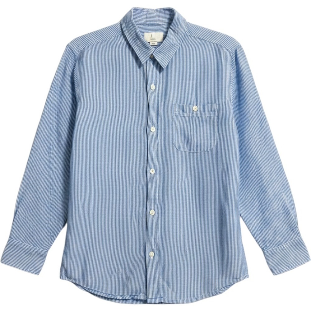 Old Navy Button Down Shirt Kids Size L Blue White Striped Linen Cotton Blend